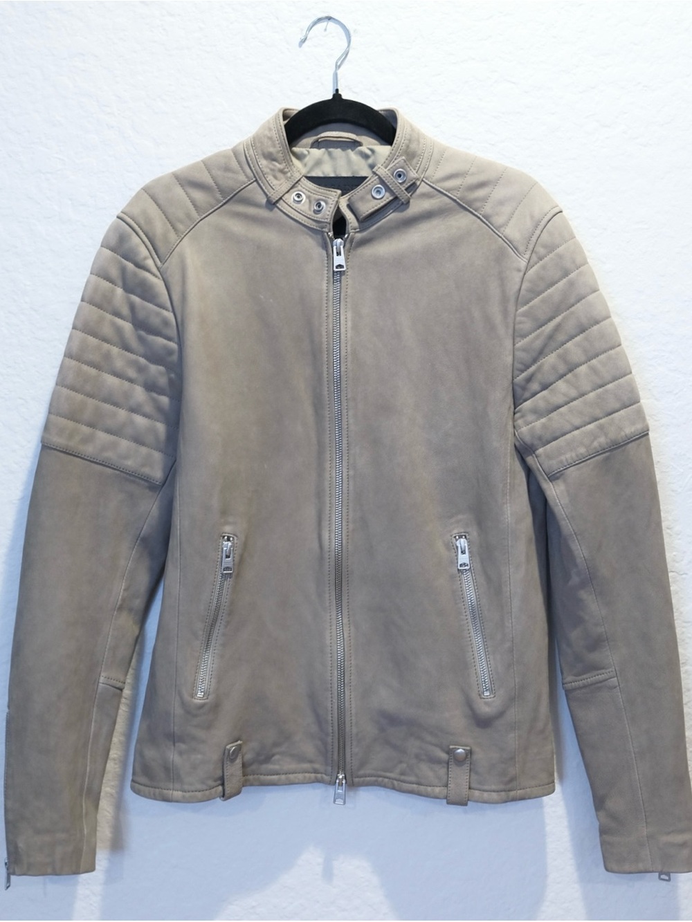 All Saints Eton Leather Moto Jacket Men’s S Beige Gray Slim Fit Zip Up Biker
